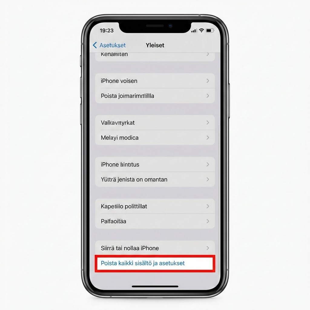Tyhjennä iPhone asetuksista